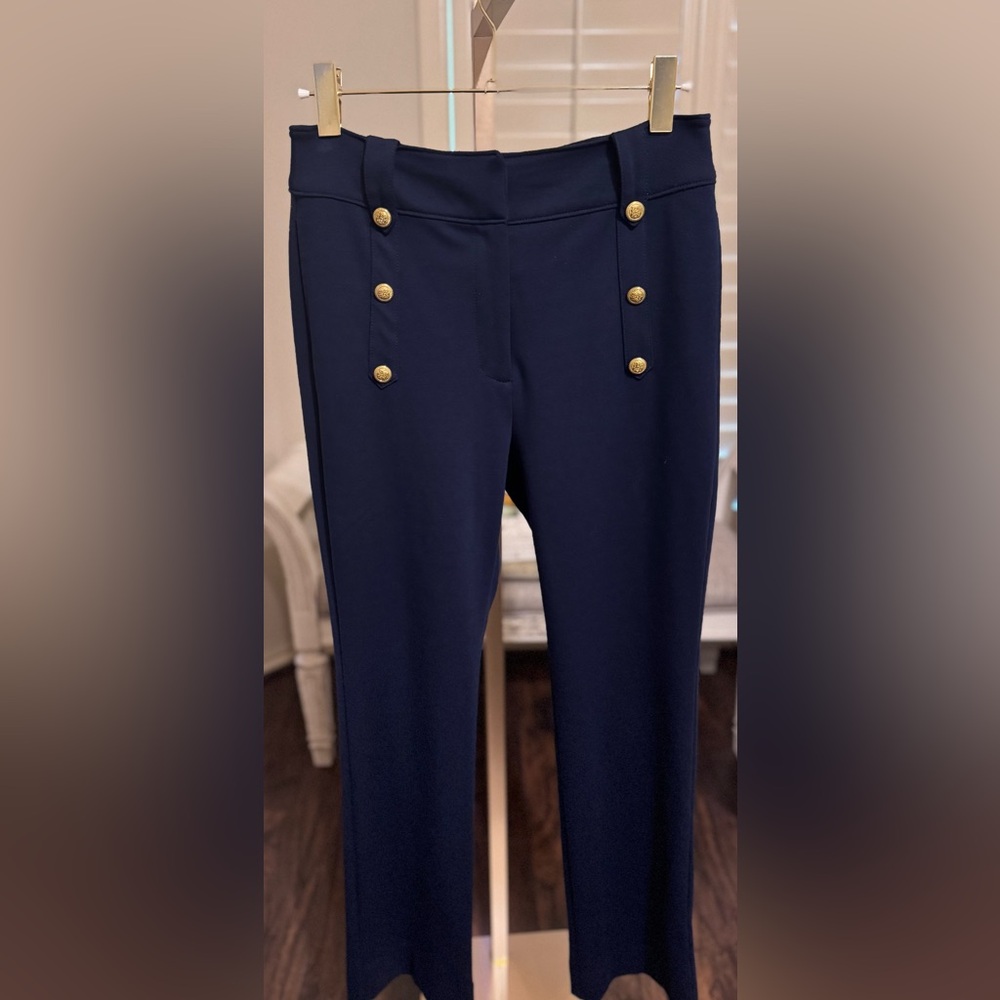 New York and Company Navy High-Waist Sailor Pants with Gold Buttons